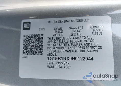 2022 Chevrolet Camaro Rwd 1Ls from USA, damaged, VIN 1G1FB1RX0N0122044